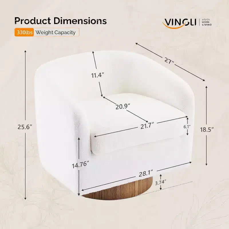 Poltrona VINGLI girevole a 360° con base in legno composito e cuscino rimovibile per soggiorno, camera da letto