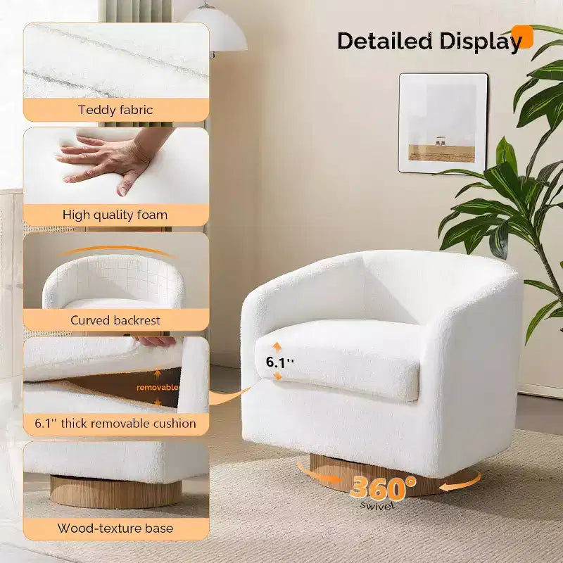 Poltrona VINGLI girevole a 360° con base in legno composito e cuscino rimovibile per soggiorno, camera da letto
