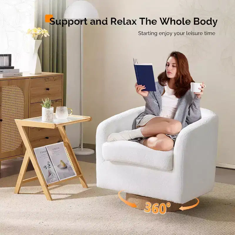 Poltrona VINGLI girevole a 360° con base in legno composito e cuscino rimovibile per soggiorno, camera da letto