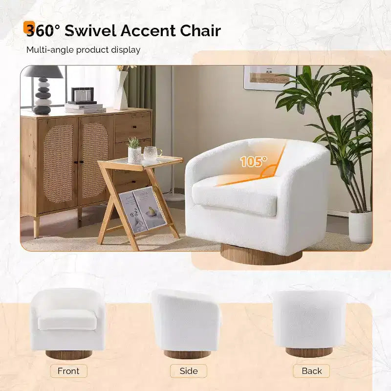 Poltrona VINGLI girevole a 360° con base in legno composito e cuscino rimovibile per soggiorno, camera da letto