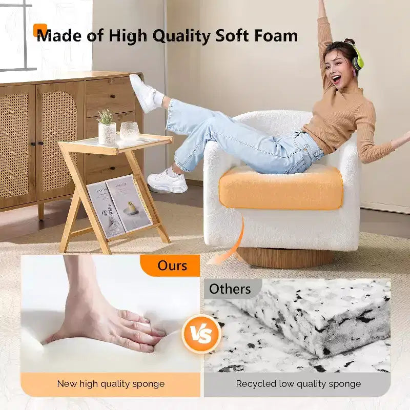 Poltrona VINGLI girevole a 360° con base in legno composito e cuscino rimovibile per soggiorno, camera da letto
