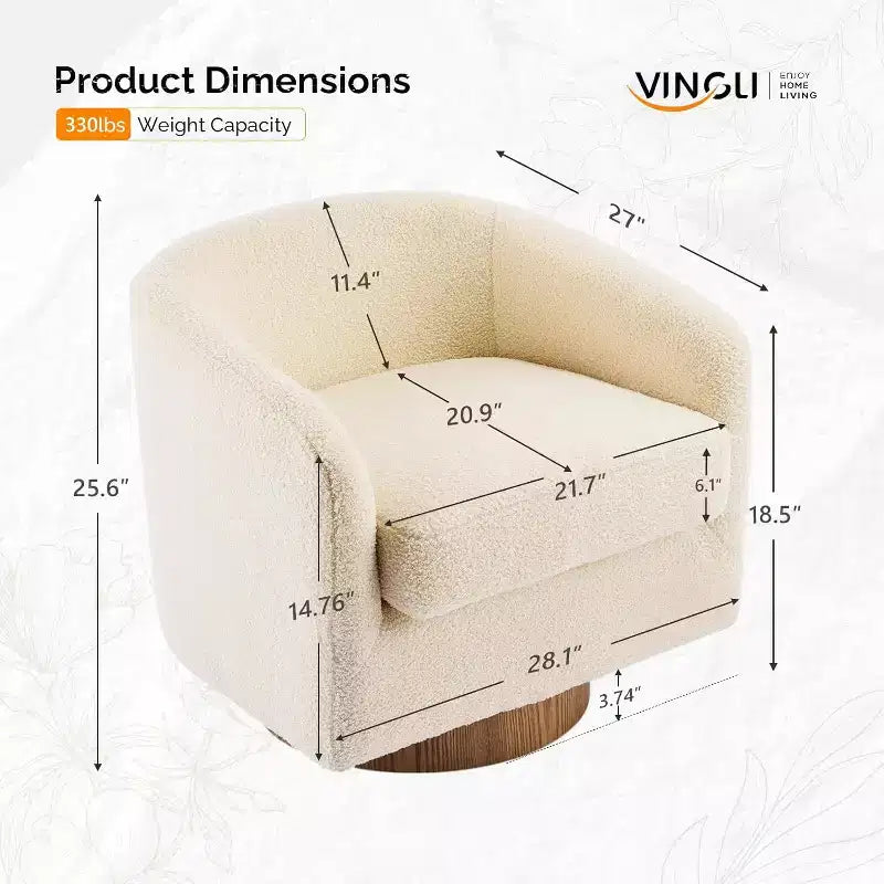 Poltrona VINGLI girevole a 360° con base in legno composito e cuscino rimovibile per soggiorno, camera da letto