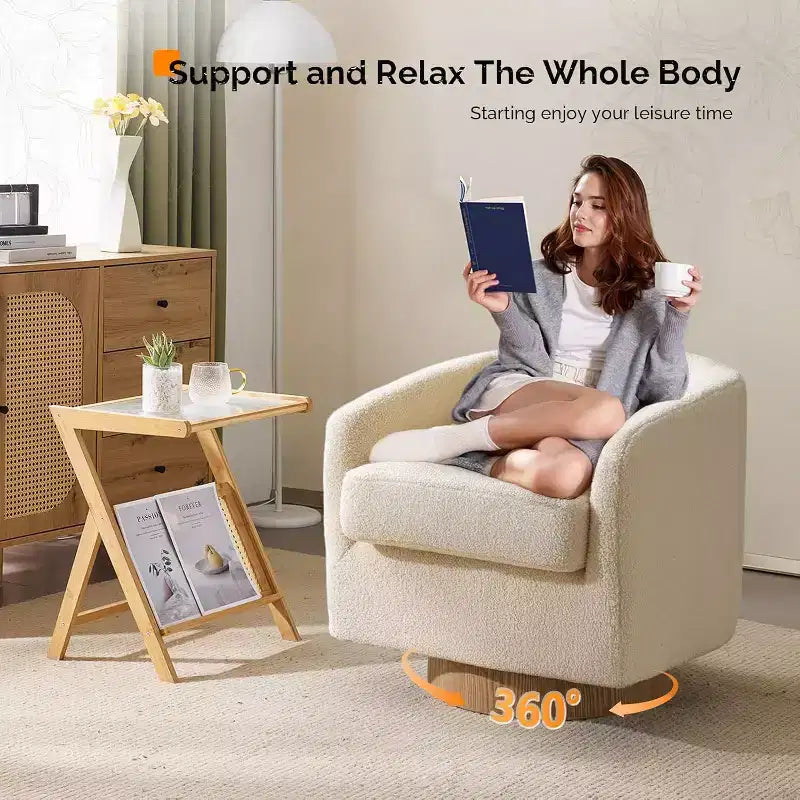 Poltrona VINGLI girevole a 360° con base in legno composito e cuscino rimovibile per soggiorno, camera da letto