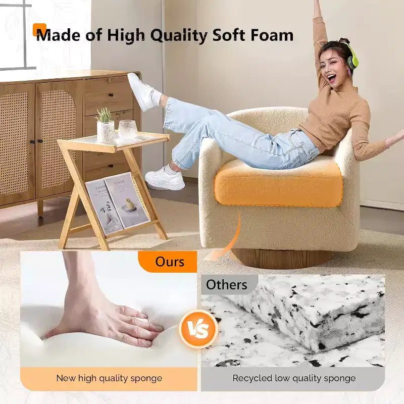 Poltrona VINGLI girevole a 360° con base in legno composito e cuscino rimovibile per soggiorno, camera da letto