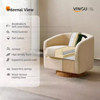 Poltrona VINGLI girevole a 360° con base in legno composito e cuscino rimovibile per soggiorno, camera da letto
