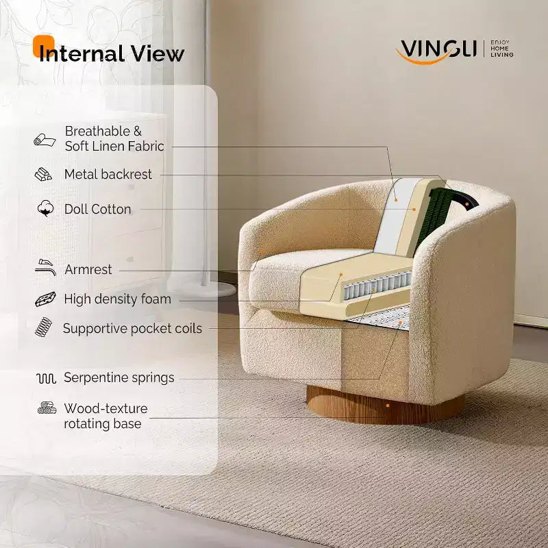 Poltrona VINGLI girevole a 360° con base in legno composito e cuscino rimovibile per soggiorno, camera da letto