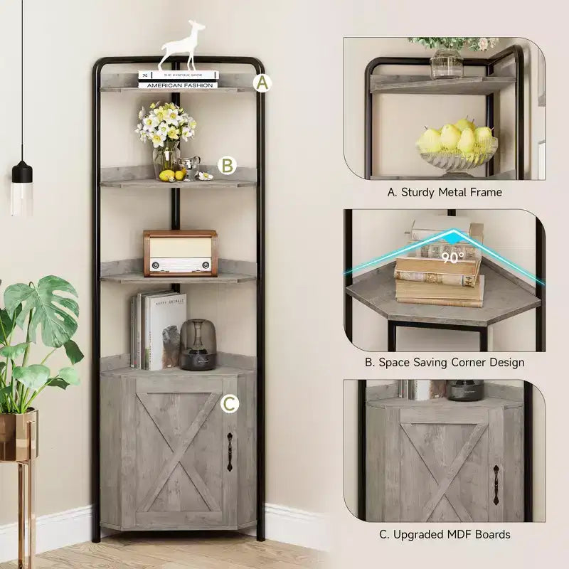 Mobile angolare alto da 71", mobile contenitore angolare industriale moderno con design a porta scorrevole e 4 ripiani aperti per soggiorno, cucina, grigio