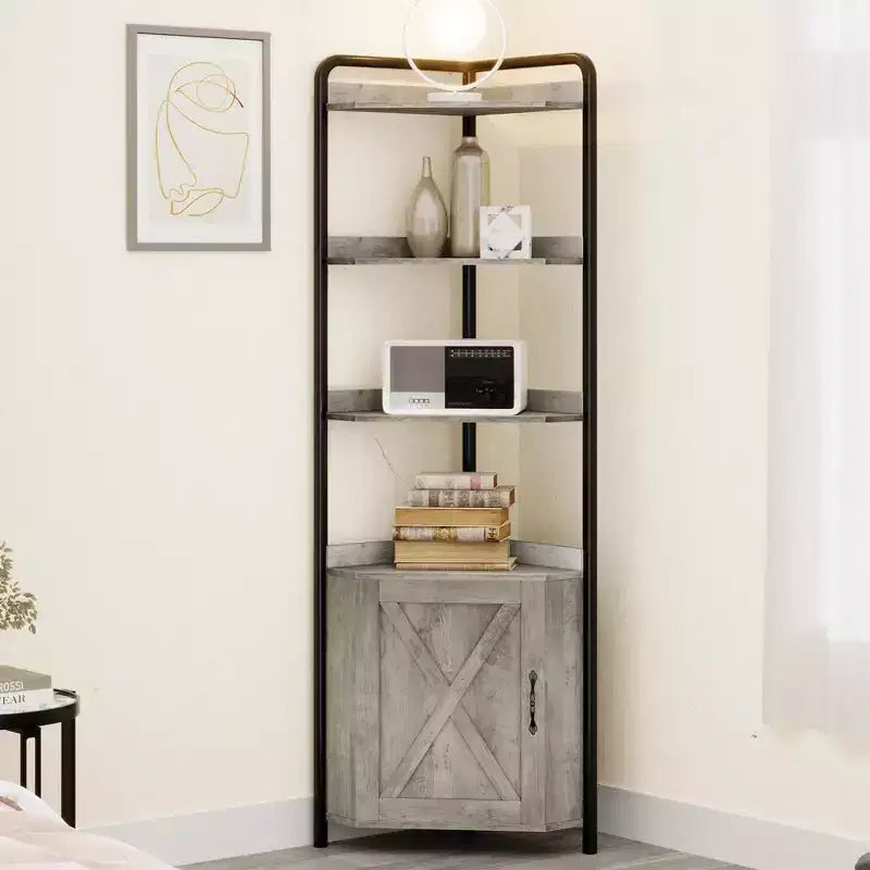 Mobile angolare alto da 71", mobile contenitore angolare industriale moderno con design a porta scorrevole e 4 ripiani aperti per soggiorno, cucina, grigio