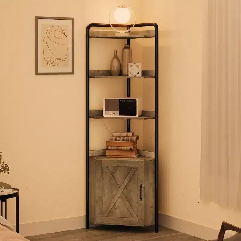 Mobile angolare alto da 71", mobile contenitore angolare industriale moderno con design a porta scorrevole e 4 ripiani aperti per soggiorno, cucina, grigio