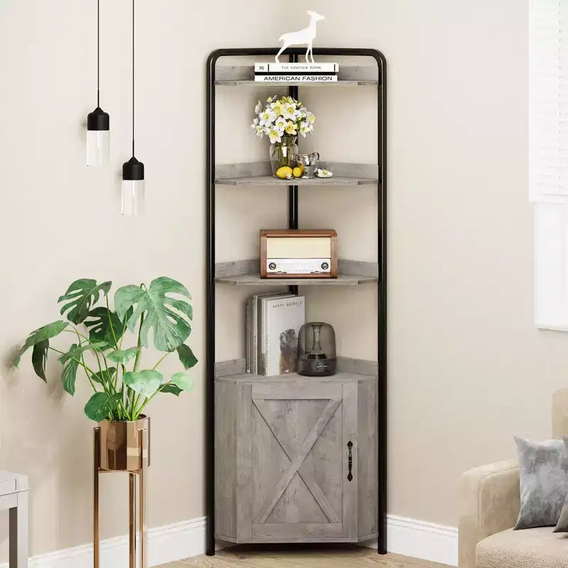 Mobile angolare alto da 71", mobile contenitore angolare industriale moderno con design a porta scorrevole e 4 ripiani aperti per soggiorno, cucina, grigio