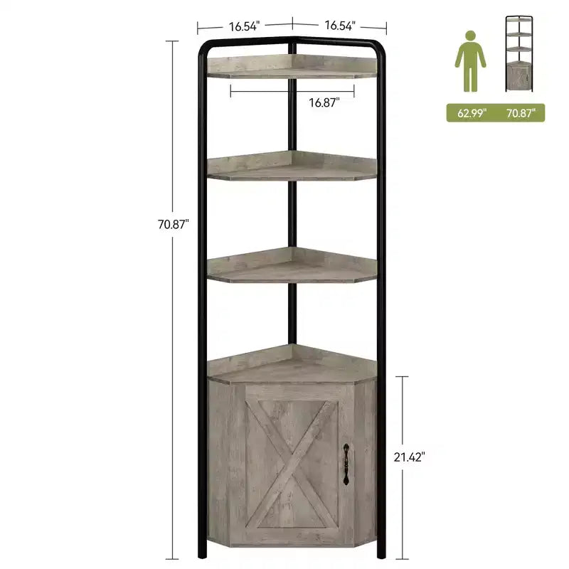 Mobile angolare alto da 71", mobile contenitore angolare industriale moderno con design a porta scorrevole e 4 ripiani aperti per soggiorno, cucina, grigio
