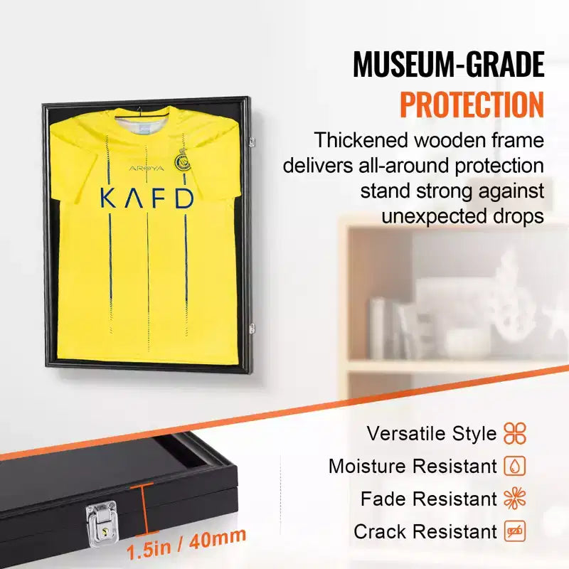 Vetrina espositiva per maglie VEVOR, 61 x 81,3 x 3,8 cm, grande teca sportiva con serratura e 98% di protezione UV in vetro PC e appendini, nera