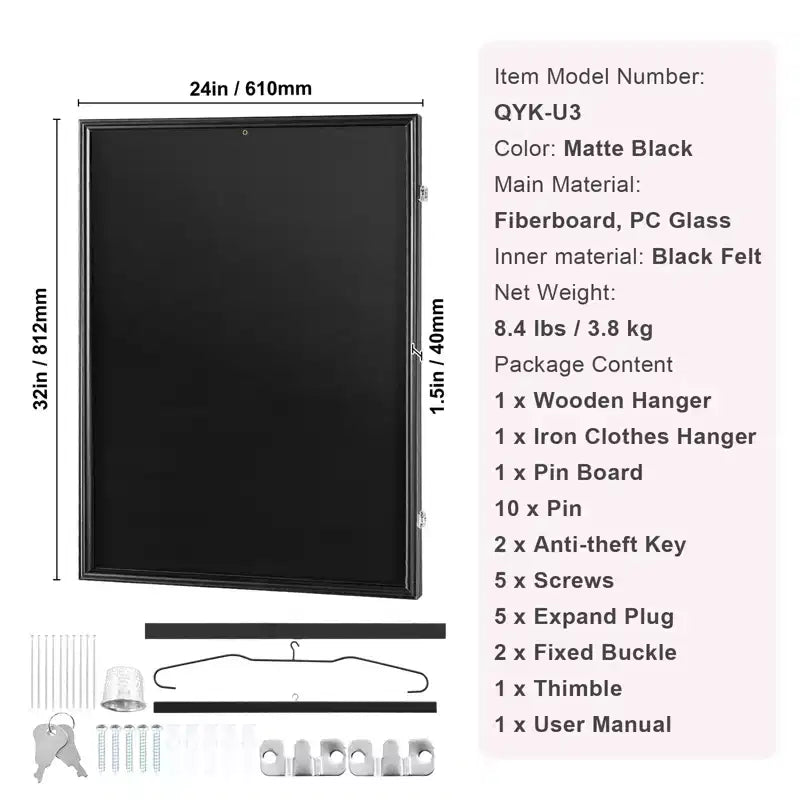 Vetrina espositiva per maglie VEVOR, 61 x 81,3 x 3,8 cm, grande teca sportiva con serratura e 98% di protezione UV in vetro PC e appendini, nera