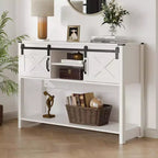RoyalCraft Farmhouse Entryway Console Table with Storage Shelves, Sliding Barn Door and Spacious Tabletop for Living Room or Foyer, White
