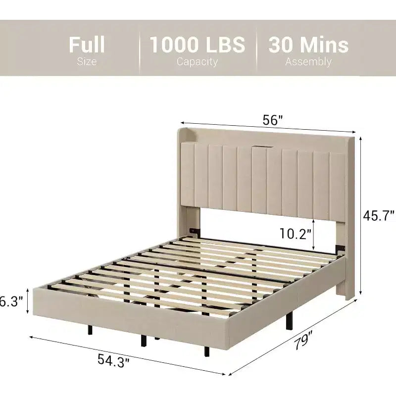 Base letto flottante DobleePy con testiera contenitore, luci LED, stazione di ricarica USB, doghe in legno massello, beige, silenzioso, facile da montare