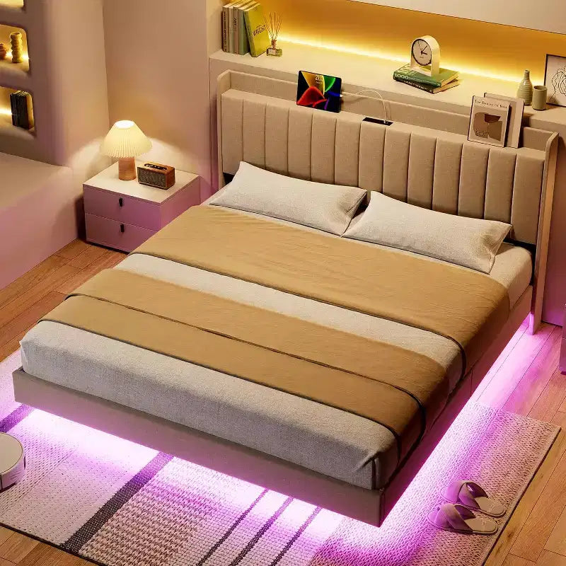 Base letto flottante DobleePy con testiera contenitore, luci LED, stazione di ricarica USB, doghe in legno massello, beige, silenzioso, facile da montare