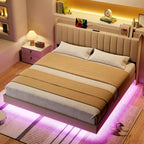 Base letto flottante DobleePy con testiera contenitore, luci LED, stazione di ricarica USB, doghe in legno massello, beige, silenzioso, facile da montare