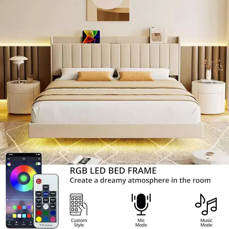 Base letto flottante DobleePy con testiera contenitore, luci LED, stazione di ricarica USB, doghe in legno massello, beige, silenzioso, facile da montare