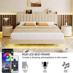Base letto flottante DobleePy con testiera contenitore, luci LED, stazione di ricarica USB, doghe in legno massello, beige, silenzioso, facile da montare