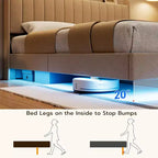 Base letto flottante DobleePy con testiera contenitore, luci LED, stazione di ricarica USB, doghe in legno massello, beige, silenzioso, facile da montare