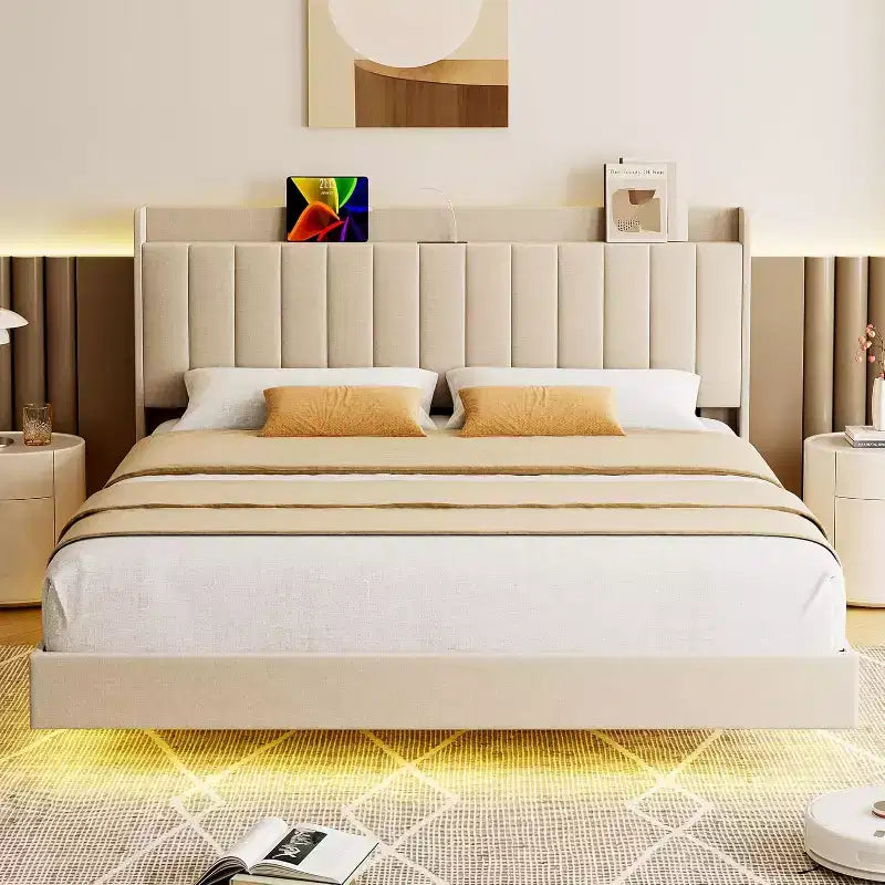 Base letto flottante DobleePy con testiera contenitore, luci LED, stazione di ricarica USB, doghe in legno massello, beige, silenzioso, facile da montare