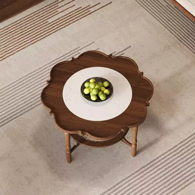 ModernLuxe Petal Tavolino da caffè con vetro a motivo craquelé bianco, Tavolino da cocktail moderno di metà secolo, Tavolino laterale a 2 livelli per divano, Tavolino d'accento in rattan, Noce