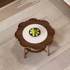 ModernLuxe Petal Tavolino da caffè con vetro a motivo craquelé bianco, Tavolino da cocktail moderno di metà secolo, Tavolino laterale a 2 livelli per divano, Tavolino d'accento in rattan, Noce