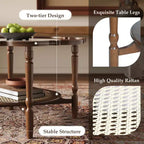 ModernLuxe Petal Tavolino da caffè con vetro a motivo craquelé bianco, Tavolino da cocktail moderno di metà secolo, Tavolino laterale a 2 livelli per divano, Tavolino d'accento in rattan, Noce