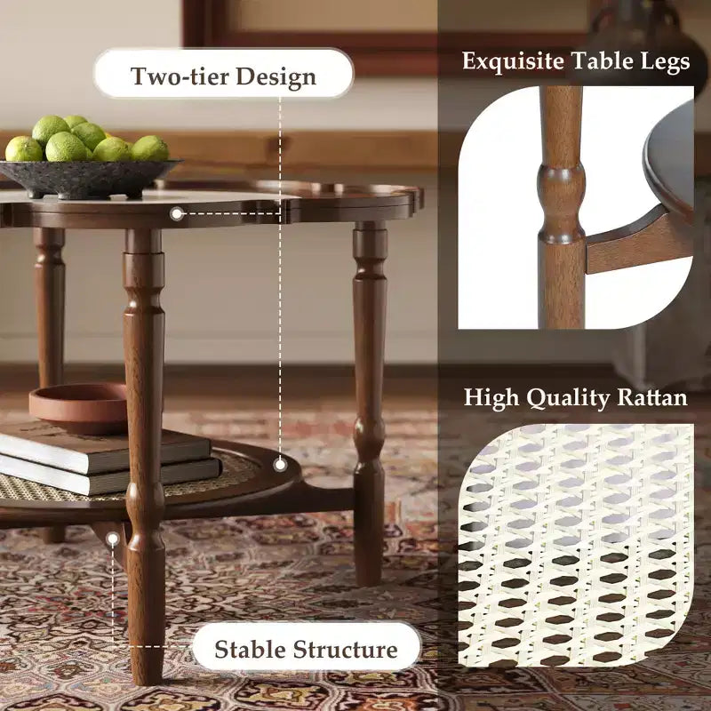 ModernLuxe Petal Tavolino da caffè con vetro a motivo craquelé bianco, Tavolino da cocktail moderno di metà secolo, Tavolino laterale a 2 livelli per divano, Tavolino d'accento in rattan, Noce