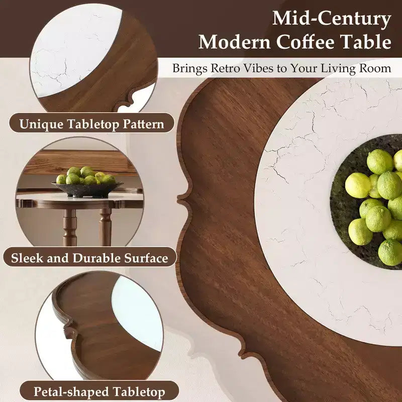 ModernLuxe Petal Tavolino da caffè con vetro a motivo craquelé bianco, Tavolino da cocktail moderno di metà secolo, Tavolino laterale a 2 livelli per divano, Tavolino d'accento in rattan, Noce