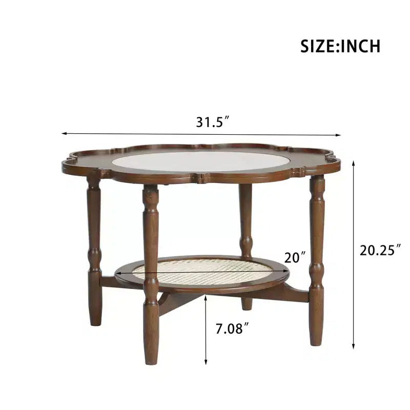 ModernLuxe Petal Tavolino da caffè con vetro a motivo craquelé bianco, Tavolino da cocktail moderno di metà secolo, Tavolino laterale a 2 livelli per divano, Tavolino d'accento in rattan, Noce