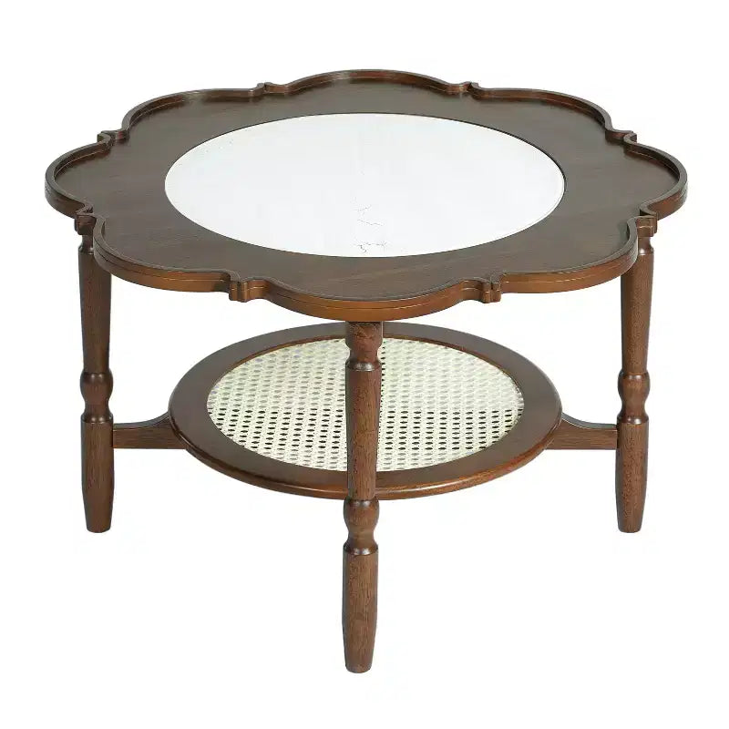 ModernLuxe Petal Tavolino da caffè con vetro a motivo craquelé bianco, Tavolino da cocktail moderno di metà secolo, Tavolino laterale a 2 livelli per divano, Tavolino d'accento in rattan, Noce
