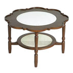ModernLuxe Petal Tavolino da caffè con vetro a motivo craquelé bianco, Tavolino da cocktail moderno di metà secolo, Tavolino laterale a 2 livelli per divano, Tavolino d'accento in rattan, Noce