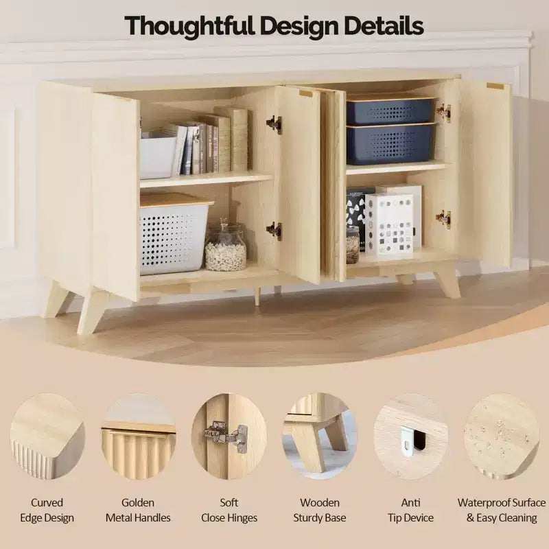 VINGLI Madia/credenza a coste con ante e ripiani regolabili, Mobile contenitore per cucina, Rovere naturale