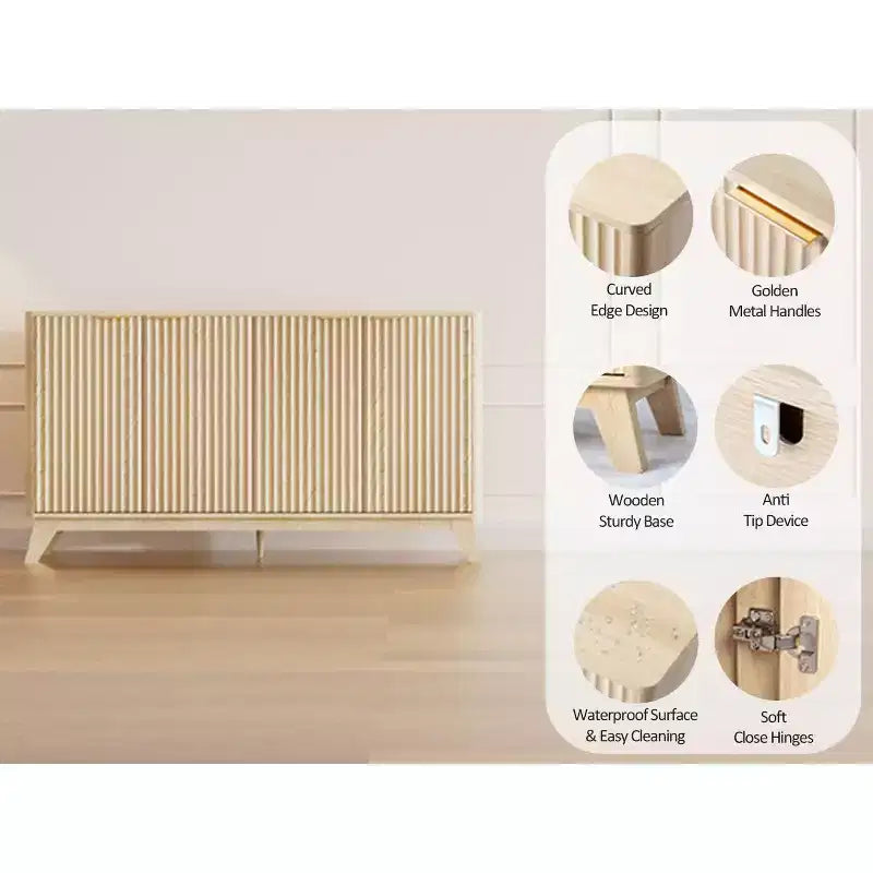 VINGLI Madia/credenza a coste con ante e ripiani regolabili, Mobile contenitore per cucina, Rovere naturale