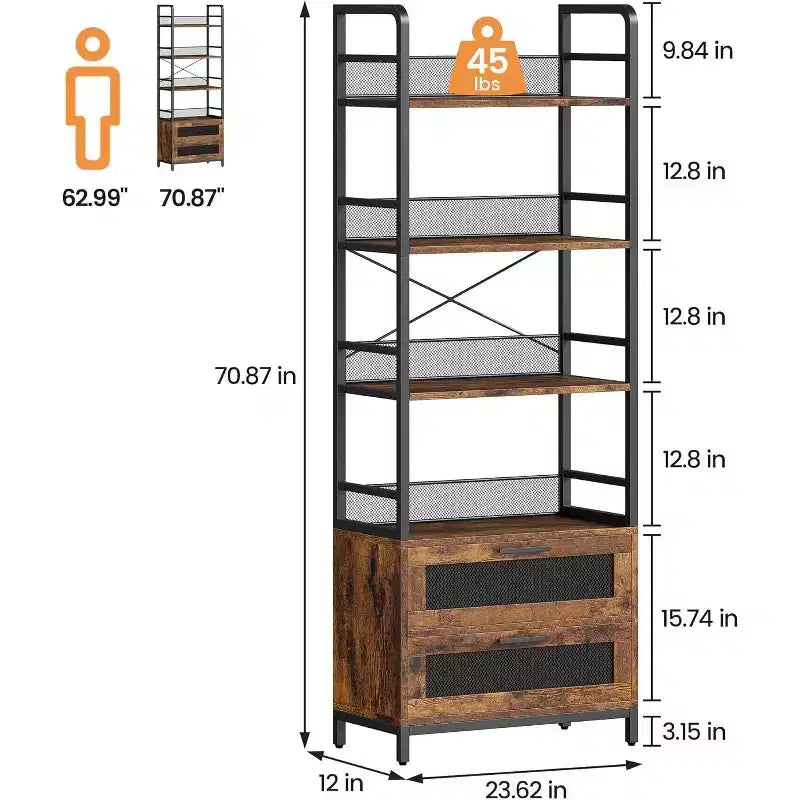 Acekool 70.9 Scaffale Industriale con Cassetti, Libreria Rustica a 4 Ripiani per Soggiorno, Camera da Letto, Ufficio, Marrone
