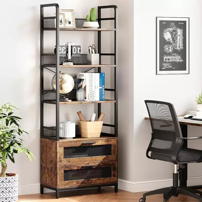 Acekool 70.9 Scaffale Industriale con Cassetti, Libreria Rustica a 4 Ripiani per Soggiorno, Camera da Letto, Ufficio, Marrone