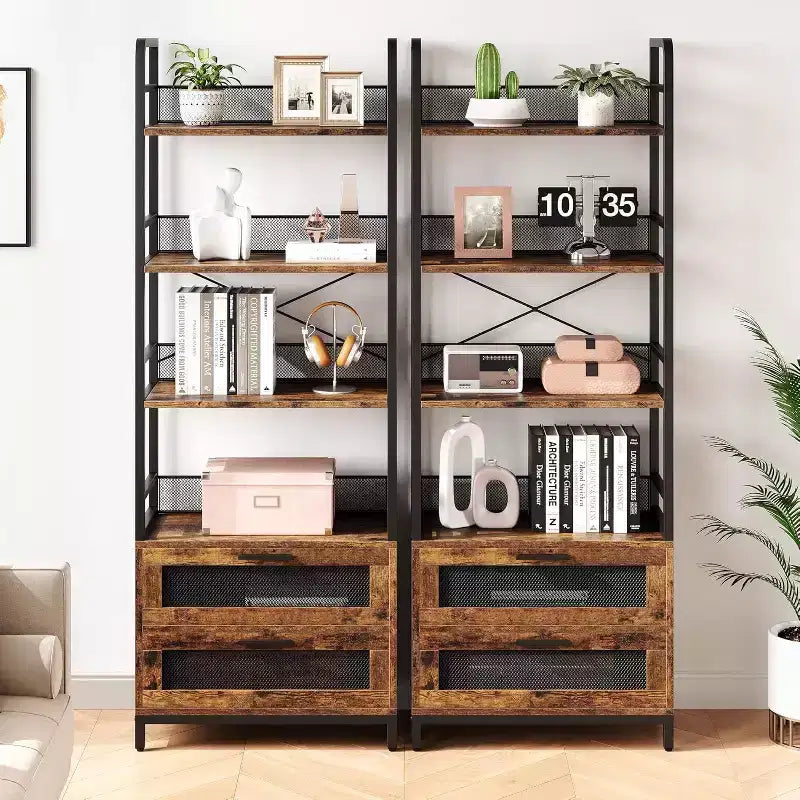 Acekool 70.9 Scaffale Industriale con Cassetti, Libreria Rustica a 4 Ripiani per Soggiorno, Camera da Letto, Ufficio, Marrone