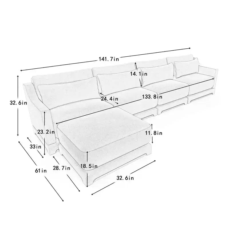Divano beige a 4 posti in tessuto ciniglia con 1 pouf mobile, spugna ad alta resilienza, facile da installare