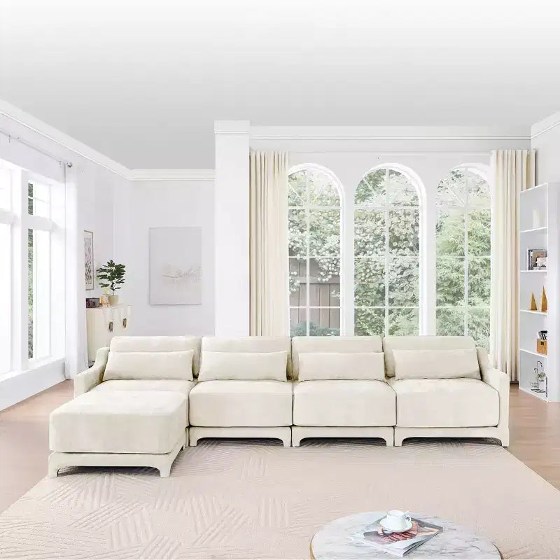Divano beige a 4 posti in tessuto ciniglia con 1 pouf mobile, spugna ad alta resilienza, facile da installare