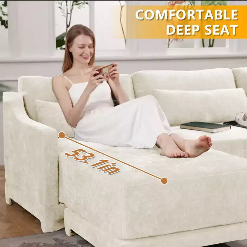 Divano beige a 4 posti in tessuto ciniglia con 1 pouf mobile, spugna ad alta resilienza, facile da installare