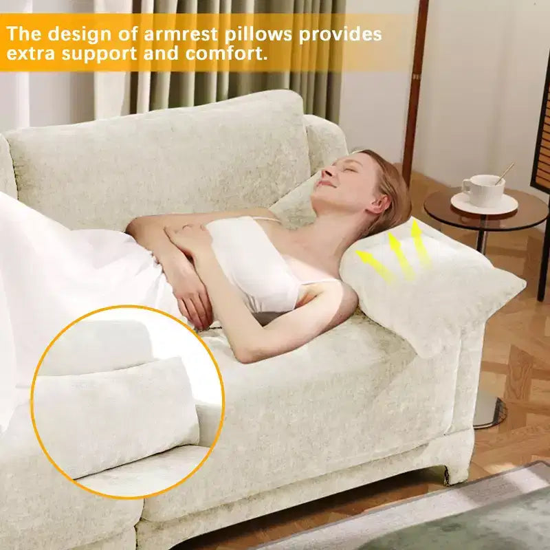 Divano beige a 4 posti in tessuto ciniglia con 1 pouf mobile, spugna ad alta resilienza, facile da installare