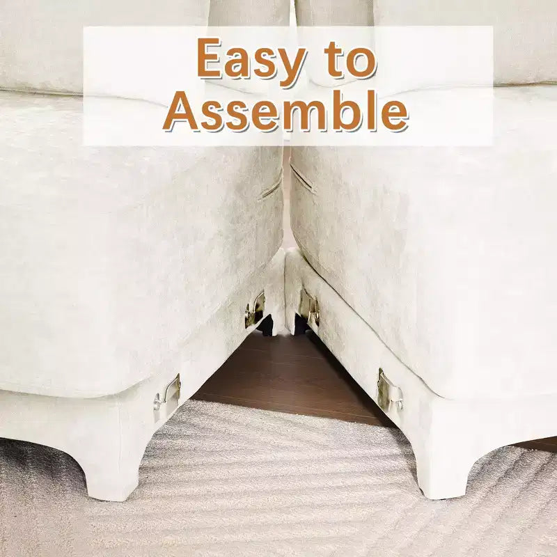 Divano beige a 4 posti in tessuto ciniglia con 1 pouf mobile, spugna ad alta resilienza, facile da installare