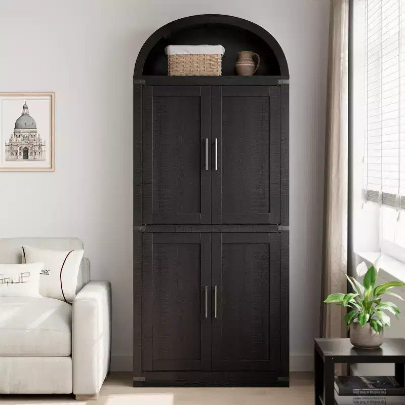 CuisinSmart Scaffale ad arco alto 183 cm, Libreria moderna stile fattoria con 4 ante in vetro/legno e ripiani aperti, Organizzatore mobile espositivo autoportante