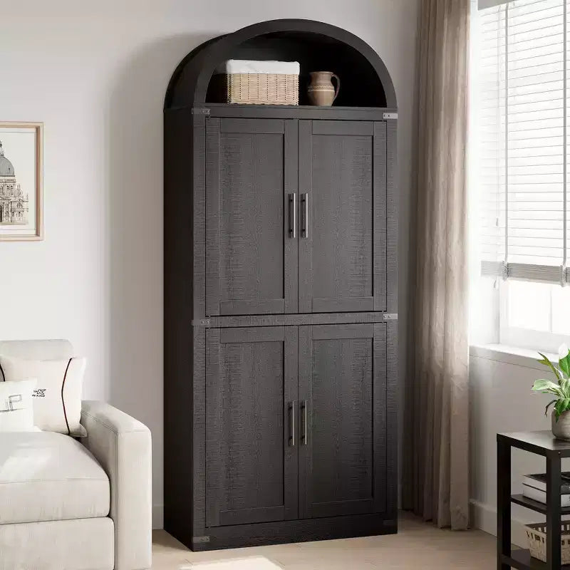 CuisinSmart Scaffale ad arco alto 183 cm, Libreria moderna stile fattoria con 4 ante in vetro/legno e ripiani aperti, Organizzatore mobile espositivo autoportante