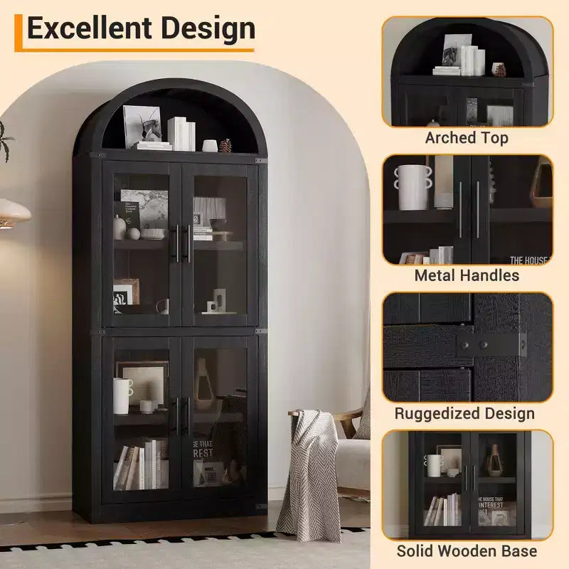CuisinSmart Scaffale ad arco alto 183 cm, Libreria moderna stile fattoria con 4 ante in vetro/legno e ripiani aperti, Organizzatore mobile espositivo autoportante