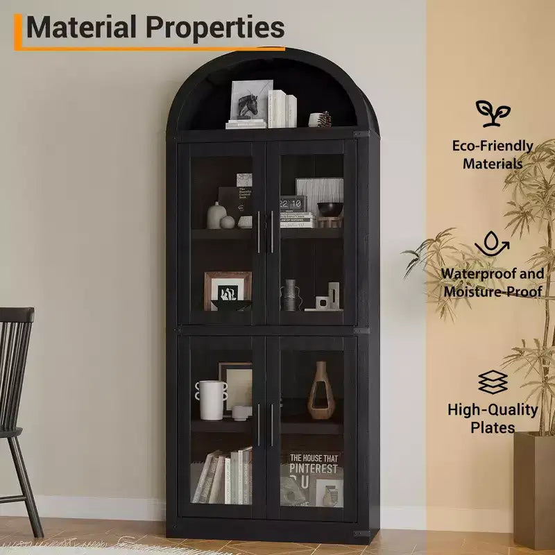CuisinSmart Scaffale ad arco alto 183 cm, Libreria moderna stile fattoria con 4 ante in vetro/legno e ripiani aperti, Organizzatore mobile espositivo autoportante