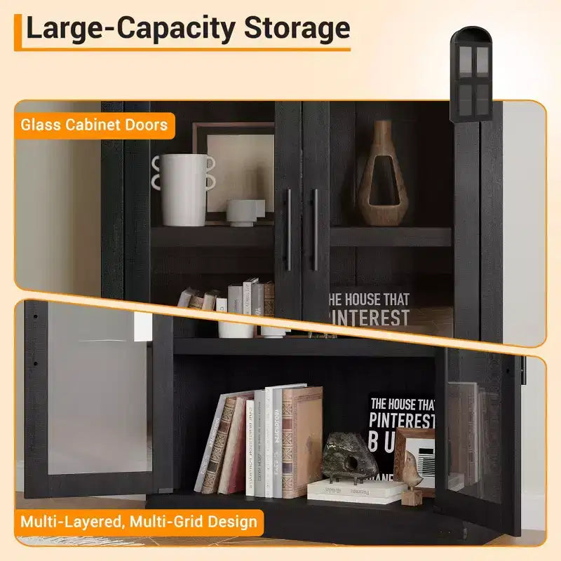 CuisinSmart Scaffale ad arco alto 183 cm, Libreria moderna stile fattoria con 4 ante in vetro/legno e ripiani aperti, Organizzatore mobile espositivo autoportante