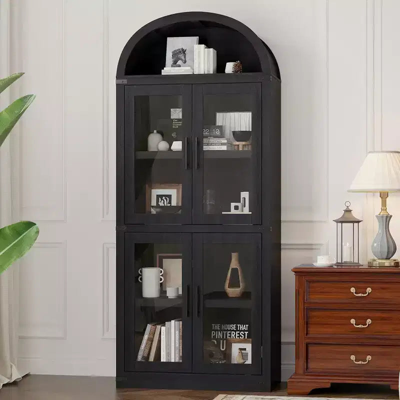 CuisinSmart Scaffale ad arco alto 183 cm, Libreria moderna stile fattoria con 4 ante in vetro/legno e ripiani aperti, Organizzatore mobile espositivo autoportante