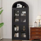 CuisinSmart Scaffale ad arco alto 183 cm, Libreria moderna stile fattoria con 4 ante in vetro/legno e ripiani aperti, Organizzatore mobile espositivo autoportante